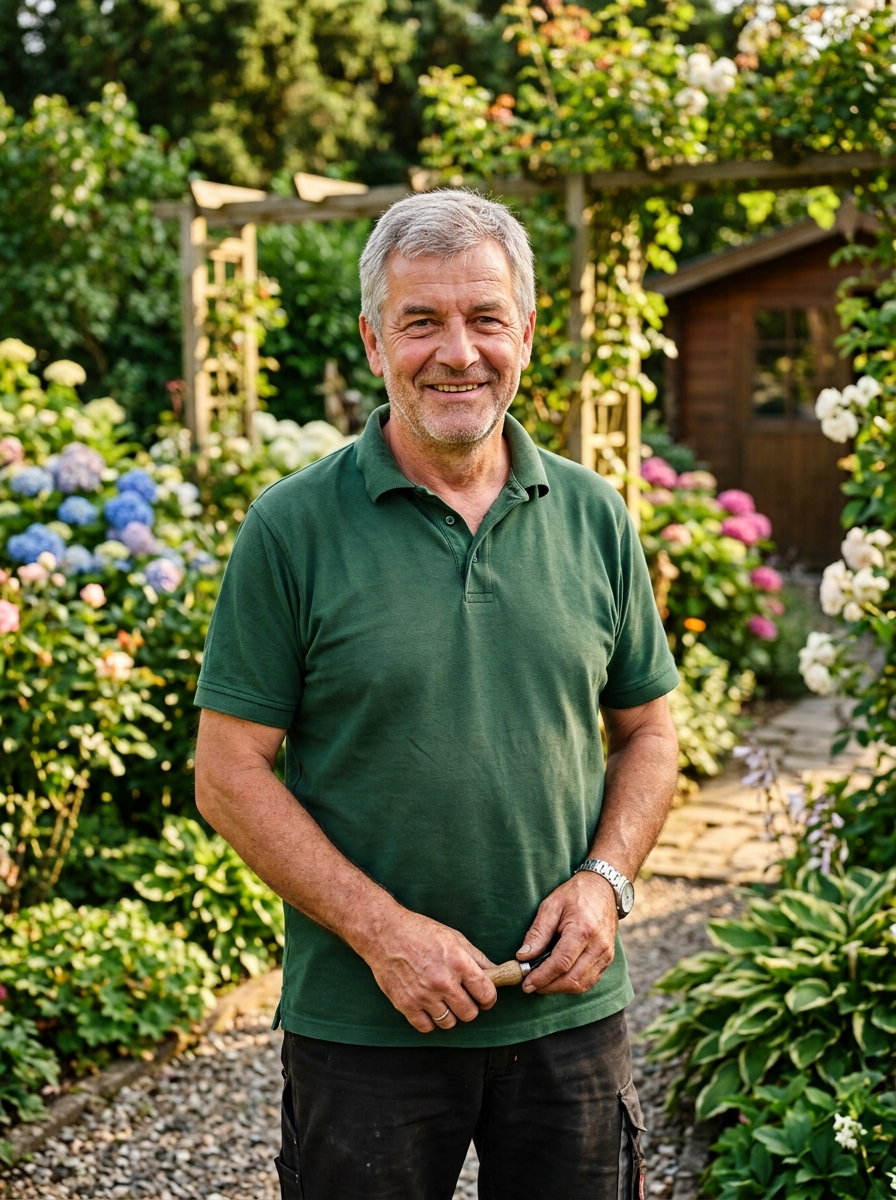 Gerd, der Rasen-Profi, Portraitfoto im Garten